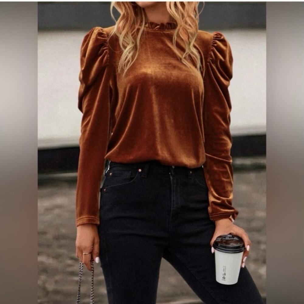 SHEIN Velvet Puff Sleeve Blouse in Orange Size Medium